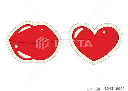 Set of 2 retro pop art stickers of lips and heart in trendy bright hues. Valentine day. Vector. EPS Set of 2 retro pop art stickers of lips and heart in trendy bright hues. Valentine day. Vector. EPS 104346043