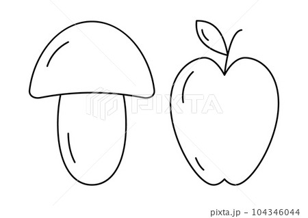 Set of 2 contour drawing seasonal fruit Mushroom and apple with leave. Thanksgiving day. Vector. EPS 104346044