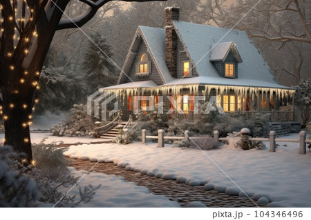 A winter landscape with a house decorated in twinkling lights and illuminated trees, creating a magical and inviting atmosphere for the holiday season. Generative AI A winter landscape with a house decorated in twinkling lights and illuminated trees, creating a magical and inviting atmosphere for the holiday season. Generative AI 104346496