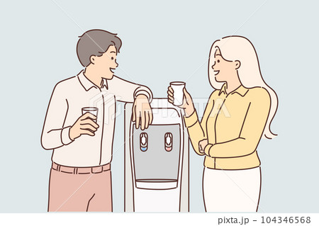 Conversation of employees near office cooler and exchange of views between colleagues during break Conversation of employees near office cooler and exchange of views between colleagues during break 104346568