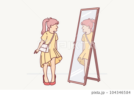 Little girl in mom clothes looks in mirror trying on shoes with heel and trying to seem like adult Little girl in mom clothes looks in mirror trying on shoes with heel and trying to seem like adult 104346584