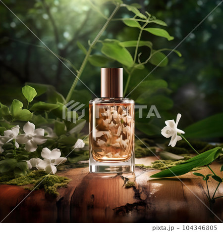Glass perfume bottle mockup on natural green outdoors botanical background with plants, flowers and wooden elements, beauty product container commercial branding ready template Glass perfume bottle mockup on natural green outdoors botanical background with plants, flowers and wooden elements, beauty product container commercial branding ready template 104346805