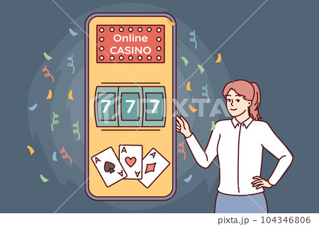 Woman near phone with online casino offers to use gambling apps with possibility of getting jackpot Woman near phone with online casino offers to use gambling apps with possibility of getting jackpot 104346806