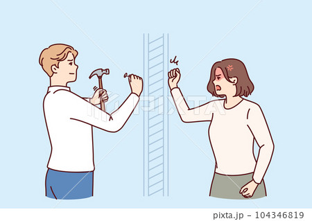 Angry woman knocks on wall swearing at neighbor is doing repairs in apartment and using hammer 104346819