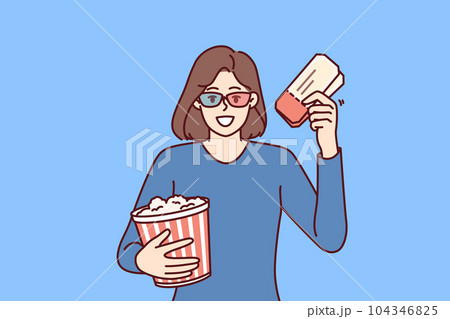 Woman with popcorn and tickets for cinema invites to visit interesting new blockbuster Woman with popcorn and tickets for cinema invites to visit interesting new blockbuster 104346825