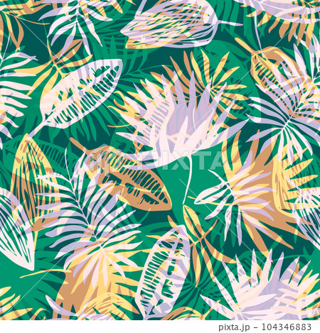 Seamless pattern with overlay mess of neutral green, light pink and orange colors tropical leaves. Trendy exotic plants texture for textile, wrapping paper, surface, wallpaper, background 104346883