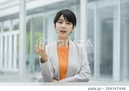 カメラ目線で話す30代のビジネスウーマン 104347446