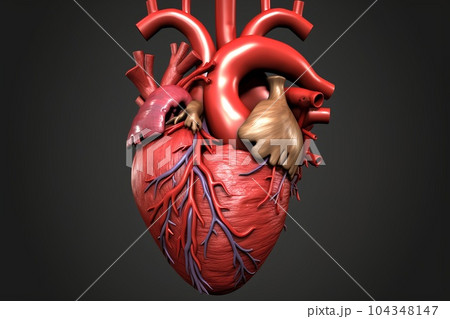 Anatomically correct detailed Human heart model, isolated on simple dark background. Generative AI 104348147
