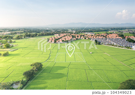 Land plot and identify registration symbol in aerial view. Land plot and identify registration symbol in aerial view. 104349023