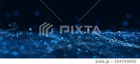 Abstract blue futuristic technology big data digital background. Network connection structure and Low poly shape wireframe particle wave. Polygon abstract background. 3D Render. Abstract blue futuristic technology big data digital background. Network connection structure and Low poly shape wireframe particle wave. Polygon abstract background. 3D Render. 104349092