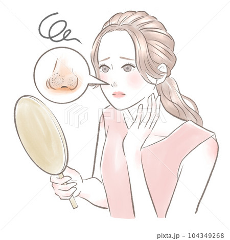 鼻の毛穴の黒ずみに悩む手鏡を持った女性 104349268