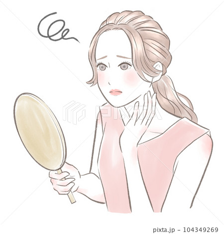 手鏡を持って顔の肌に悩む女性のイラスト素材 [104349269] - PIXTA
