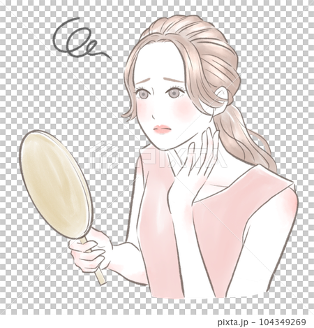 手鏡を持って顔の肌に悩む女性 104349269