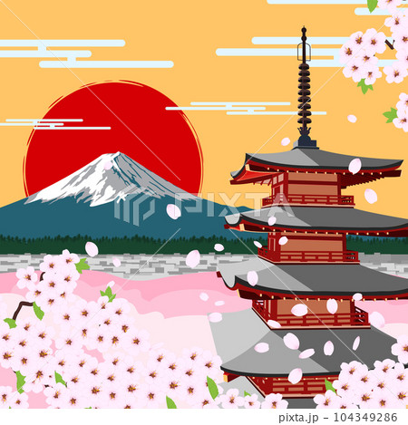 Mount Fuji in cherry blossom season near the pagoda 104349286