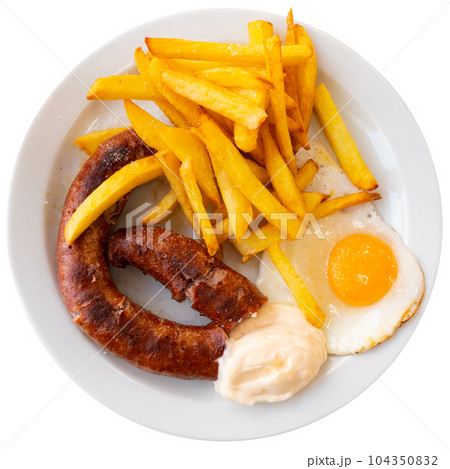 Dish of fried sausages with fried eggs and French fries Dish of fried sausages with fried eggs and French fries 104350832