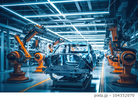 Automated Robot Arm Assembly Line in Car Factory Producing Electric Vehicles. created with Generative AI 104352070