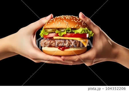 Delicious Temptation Enjoying a Mouthwatering Hamburger From Above. created with Generative AI 104352206
