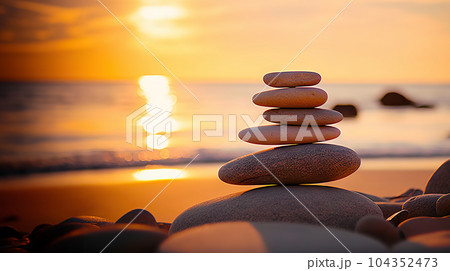 Tranquil Harmony Serene Sunrise with a Stack of Pebbles on the Beach, Symbolizing Life Balance and Peaceful Mind. created with Generative AI 104352473