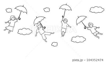 傘を持って空の上を飛んでいく子ども達の線画イラスト　白黒 104352474