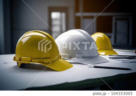 Construction Site Safety, Blueprint, and New Project Contract in Office Center. created with Generative AI Construction Site Safety, Blueprint, and New Project Contract in Office Center. created with Generative AI 104353005