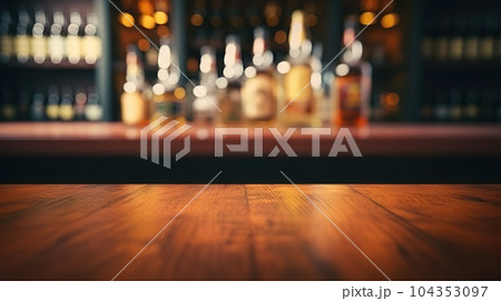 Blurred Bar Counter and Bottles Background on Empty Wooden Tabletop. created with Generative AI Blurred Bar Counter and Bottles Background on Empty Wooden Tabletop. created with Generative AI 104353097