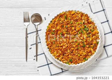 Chicken Rice Casserole in baking dish, top view Chicken Rice Casserole in baking dish, top view 104353221