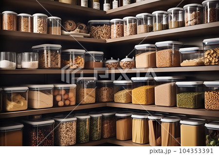 Efficient and Organized Home Pantry Well-Stocked Storage Solution for Modern Living. created with Generative AI Efficient and Organized Home Pantry Well-Stocked Storage Solution for Modern Living. created with Generative AI 104353391