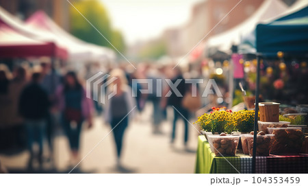Vibrant Street Fair Delight Abstract Blurred Background with Outdoor Excitement and Ample Copy Space. created with Generative AI 104353459