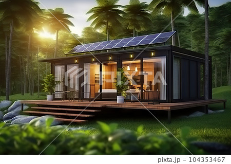 Eco-Friendly Modern Industrial House in Forest Converted Shipping Container with Solar Panels, Embracing Nature and Sustainability. created with Generative AI 104353467