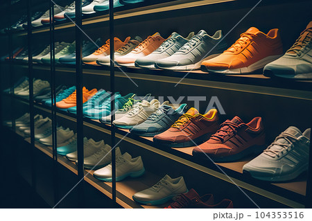 Stride in Style Diverse Collection of Men's Running Shoes Showcased in Shop Window, Perfect for Fitness Enthusiasts. created with Generative AI 104353516