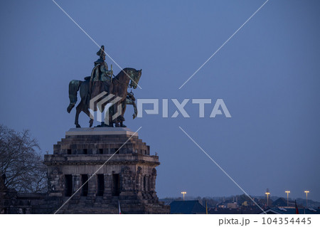 Night shot morning mist Koblenz City Germany historic monument German Corner where rivers rhine and mosele flow together 104354445