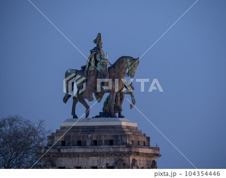 Night shot morning mist Koblenz City Germany historic monument German Corner where rivers rhine and mosele flow together 104354446