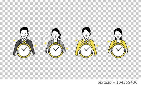 時計をもついろいろな人物のシンプルイラスト、ベクター 時計をもついろいろな人物のシンプルイラスト、ベクター 104355436