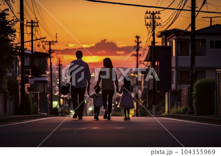 夕日に照らされる街で手を繋いで帰宅している家族の後ろ姿「AI