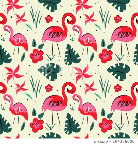 Illustration seamless pattern Flamingo with red flowers, hand drawing, wallpaper, pattern , 104356006