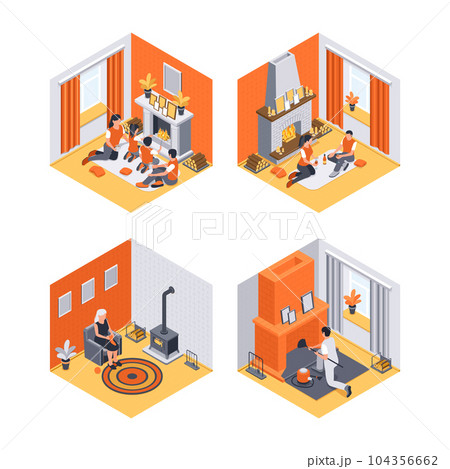 Isometric Fireplaces Compositions Set 104356662