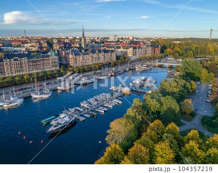 Sweden Stockholm Aerial view of Strandvagen boulevard and Ostermalm district on a sunny day sunset Sweden Stockholm Aerial view of Strandvagen boulevard and Ostermalm district on a sunny day sunset 104357219