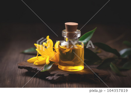 Fragrant Ylang Ylang essential oil in a small glass bottle next to yellow fresh Ylang Ylang flowers also known as Cananga odorata in full bloom, dark rustic wood background. Generative AI. 104357819