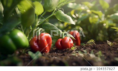 A close up of Paprika Vegetable plant in a plantation A close up of Paprika Vegetable plant in a plantation 104357827
