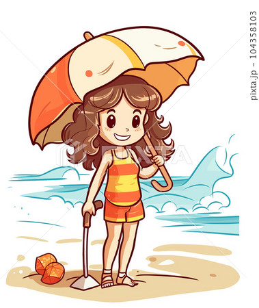 Vector Illustration, Girl cartoon character playing on the beach with Umbrella 104358103