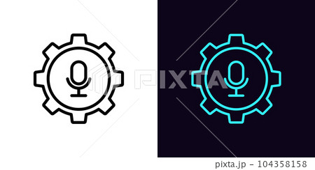 Outline mic settings icon, with editable stroke. Gear wheel with microphone sign, podcast control. Mic adjustment tool, microphone audio setting, mic voice configuration, sound fix 104358158