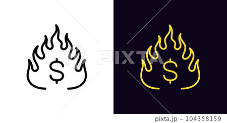 Outline hot money icon, with editable stroke. Fire with dollar sign, burning money cash. Overheated market, economic recession, debt and economy crisis, hot dollar, burning finance system 104358159