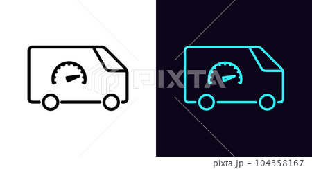 Outline express delivery icon, with editable stroke. Minivan with speedometer sign, fast delivery service. Auto courier service, high speed shipment, world express shipping, fast van 104358167
