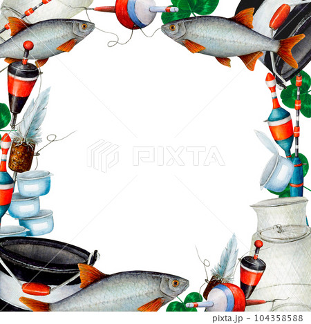 Watercolor drawing square frame from various fishing bobblers, fish, buckets, clover leaves, fishing nets, fishing line, bait cans. White background in the middle. Angling gear for prints, logo, cards Watercolor drawing square frame from various fishing bobblers, fish, buckets, clover leaves, fishing nets, fishing line, bait cans. White background in the middle. Angling gear for prints, logo, cards 104358588