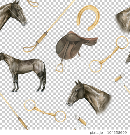 Seamless minimalistic pattern with hand drawn watercolor illustrations of golden horseshoes and snaffles, horse polo sticks, horse portrairs, saddles, isolated. Can be used as a print for clothes. Pri Seamless minimalistic pattern with hand drawn watercolor illustrations of golden horseshoes and snaffles, horse polo sticks, horse portrairs, saddles, isolated. Can be used as a print for clothes. Pri 104358699