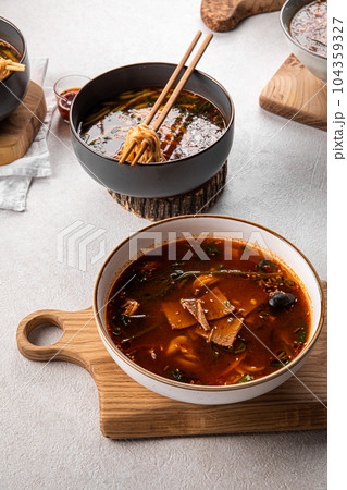 Closeup on asian chinese spicy noodle soup 104359327
