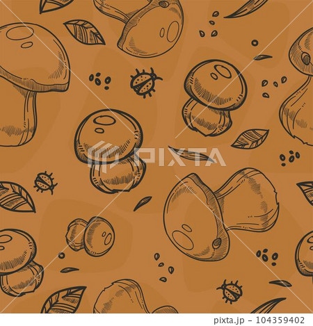 Organic mushroom and leaves, bugs seamless print 104359402