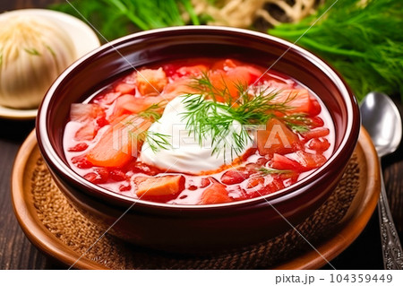 Russian borscht with sour cream and vegetables. Generative AI 104359449