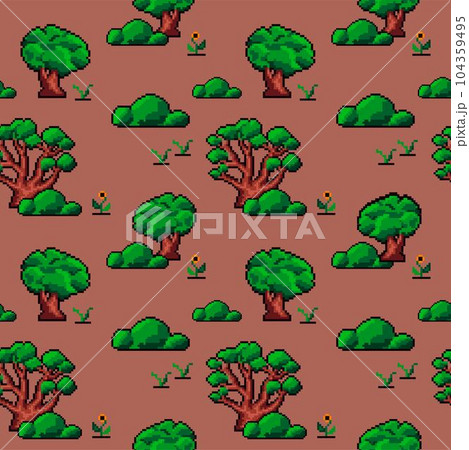 Forest or woods with trees and bushes, pixel art Forest or woods with trees and bushes, pixel art 104359495