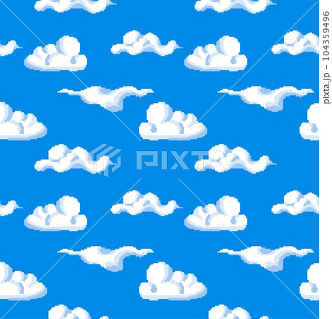 Pixelated clouds on clear sky, game design print 104359496